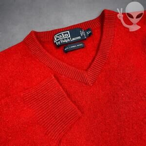 Polo Ralph Lauren Knit Sweater XL Red V Neck Lambswool Vintage 90s